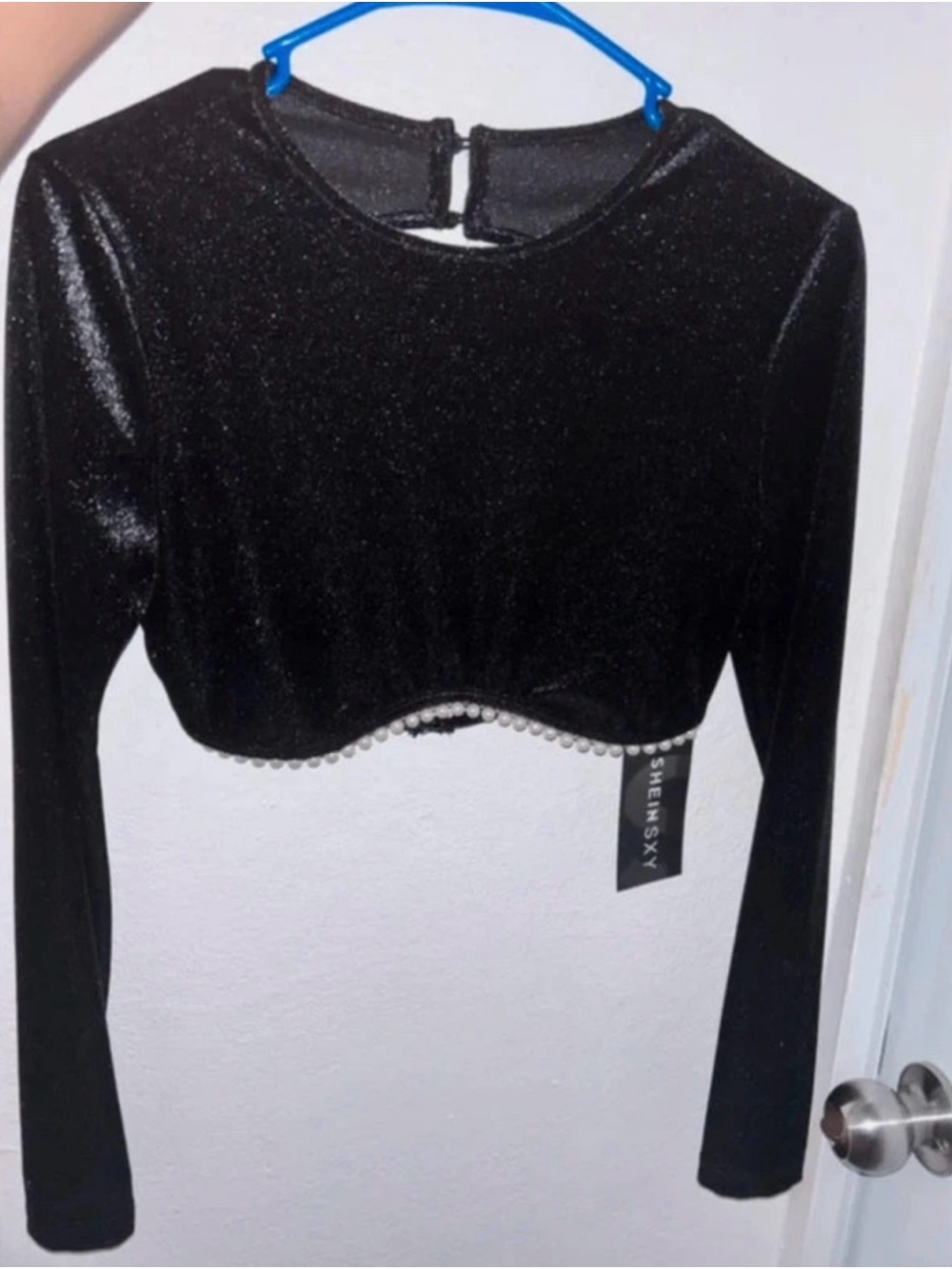 SHEIN Black Velvet Long-Sleeve Pearl-Trim Crop Top